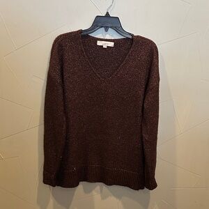 LOFT Women's Brown metallic V-Neck Sweater
